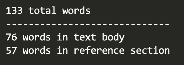 Quarto output showing how many words are in the document, split by whether the words are in the body or the references