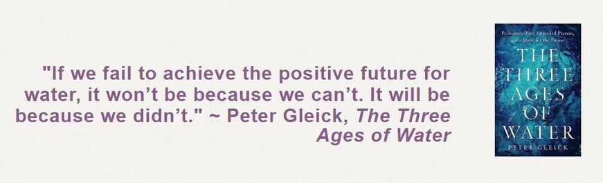 "If we fail to achieve the positive future for water, it won't be because we can't. It will be because we didn't." Peter Gleick, THE THREE AGES OF WATER (with an image of the book cover).