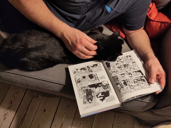 A mad lies on a sofa looking at a black and white graphic book while stroking a black cat lying along side him.