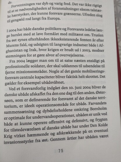 Page of a book written in Danish describing the strategic importance of submarines (ubåden) in the Baltic Sea and the decision to scrap them in Denmark 