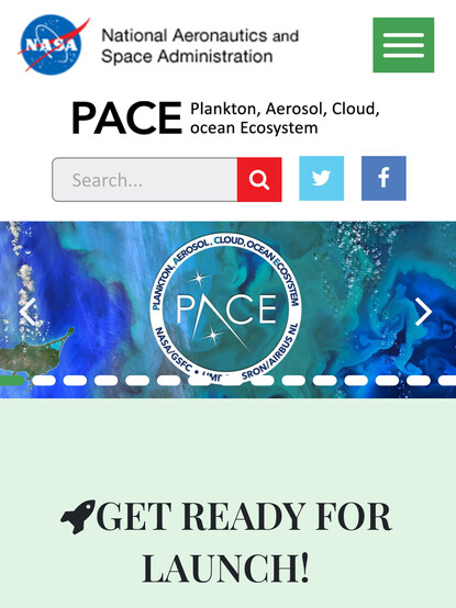 Website screenshot. NASA meatball
PACE plankton aerosol cloud ocean ecosystem 
Pace mission patch 
Get ready for launch