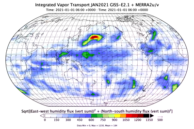 Map View of the “Integrated Water Vapor Transport” (vertical integration of the horizontal wind field times specific humidity) of NASA GISS-E2.1 climate model using reanalysis (observed) MERRA2 horizontal winds. 

Atmospheric river are the thin tendrils of moisture (more redish colors) pointing ‘eastward’ out-of-the tropics.

This is January 2021— at the end of this month, a devastatingly large rain (from an atmospheric river) event hit central Chile during its dry season.