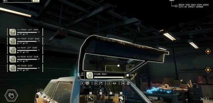 First-person perspective of a workshop environment from within a video game, with an open vehicle door in the foreground and a list of objectives to the left. HUD elements and interactive prompts are visible.