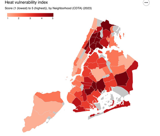 Map of NYC by community district showing the heat vulnerability index on a scale of 1:5 visualized in shades of red. Highest vulnerability to heat are in the South Bronx, Bed-Stuy and Central Harlem. Top of Central Park  and south in Manhattan has the lowest vulnerability.