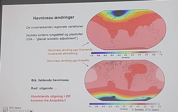 Slide showing two images of the earth with sea level change related to the different ice sheets. Text is in danish