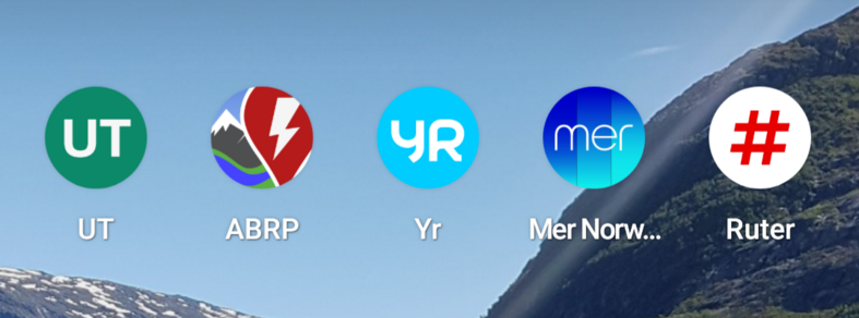 Screen grab of a mobile phone home screen showing 5 different Norwegian apps in circles (Ut, ABRP, yr, met Norway and Ruter)