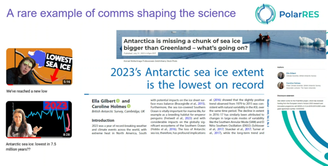 Slide showing headlines and screengrabs from Ella Gilbert's YT channel headlined "A rare example of comms shaping the science"
