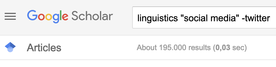 Screenshot of a Google Scholar search for:
linguistics "social media" -twitter
showing 195.000 results