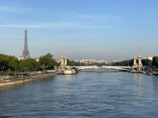 View of the Seine river with the Eiffel Tower in the background and the Pont Alexandre III bridge in the foreground.