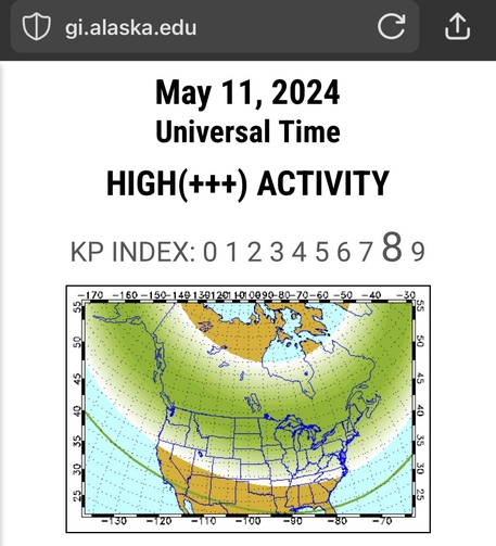 Aurora forecast for May 11 for continental USA looks like highest activity for places 35N-55N 
https://www.gi.alaska.edu/monitors/aurora-forecast