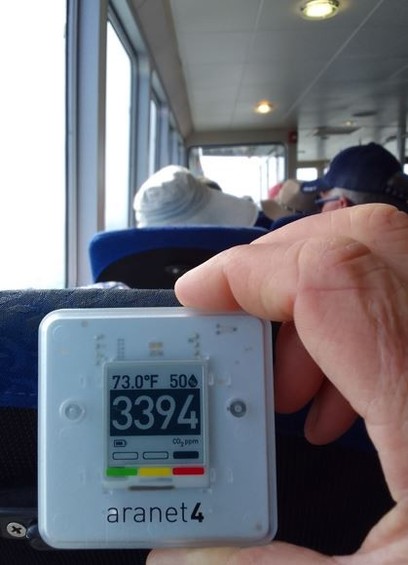 aranet4 monitor on a ferry to Nantucket showing CO2 of 3394.