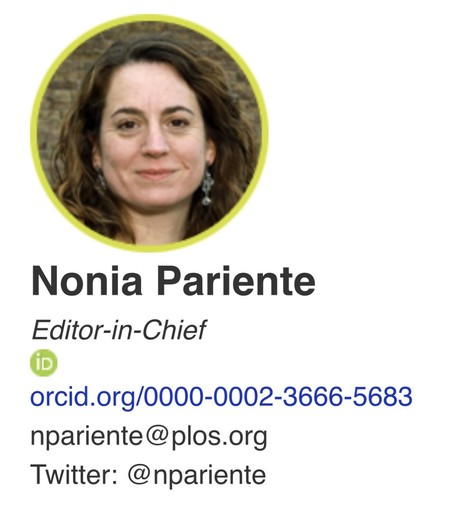 Headshot of Nonia Pariente with her orchid information and PLOS email address 