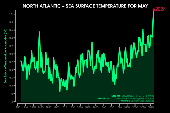 Green line graph time series of average sea surface temperature anomalies for each May from 1850 through 2024 for only the North Atlantic. There is large interannual variability, but an overall long-term increasing trend. Anomalies are computed relative to a 1981-2010 baseline. 2024 is easily the warmest on record.
