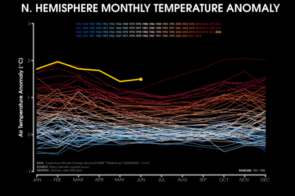 Line graph time series of monthly mean surface temperature anomalies for the Northern Hemisphere region only. Every month is shown from 1940 to 2024. There is a long-term warming trend in all months of the year.