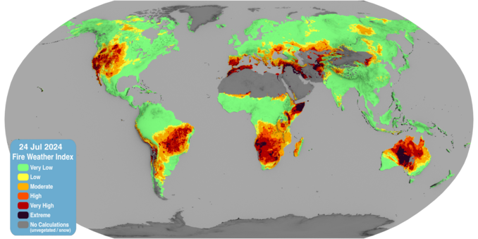 Global map of fire weather index. Very low in green to very high in red/black. 
24 July 2024 high fwi areas in west and mountains North America. Amazon most of Southern Africa stretching into the Horn of Africa. Central Australia. Mediterranean and East through Iran. 