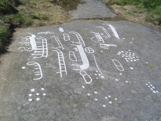 White recoloured rock carvings depictimg boats, sleighs(?), people and other objects.