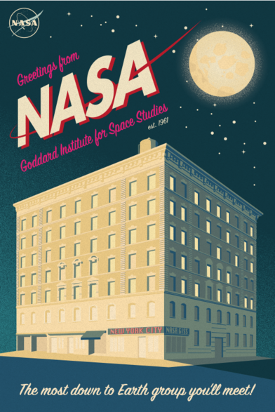 classic screen-printed US National Park posters style image of the NYC building of NASA Goddard Institute for Space Studies. The text of the sign “Toms Restaurant” (of Seinfeld fame) has been replaced with “New York City NASA GISS”. 
Text on top:
“NASA meatball
Greetings from
NASA
Goddard Institute for Space Studies”
Text below “The most down to earth group you’ll meet”
Oversized moon and stars in the background (which doesn’t actually look like this b/c its a street corner in the middle of New York City)