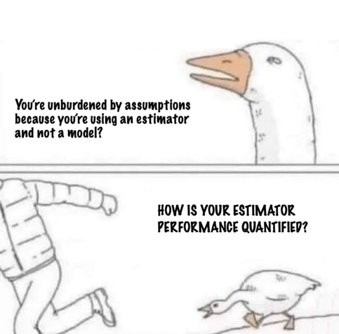 An implementation of the goose chase image macro.

Panel 1: A suspicious goose asks “You’re unburdened by assumptions 
because you’re using an estimator and not a model?”

Panel 2: Now angry the goose chases after the other party yelling “HOW IS YOUR ESTIMATOR 
PERFORMANCE QUANTIFIED?”