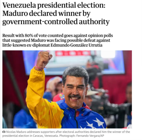 
Venezuela presidential election: Maduro declared winner by government-controlled authority

Result with 80% of vote counted goes against opinion polls that suggested Maduro was facing possible defeat against little-known ex-diplomat Edmundo González Urrutia
