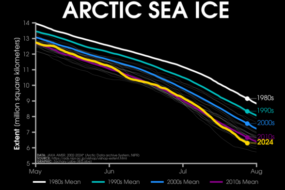 Line graph time series of 2024's daily Arctic sea ice extent compared to decadal averages from the 1980s to the 2010s. The decadal averages are shown with different colored lines with white for the 1980s, green for the 1990s, blue for the 2000s, and purple for the 2010s. Thin white lines are also shown for each year from 2002 to 2022. 2024 is shown with a thick gold line. There is a long-term decreasing trend in ice extent for every day of the year shown on this graph between May and August by looking at the decadal average line positions.