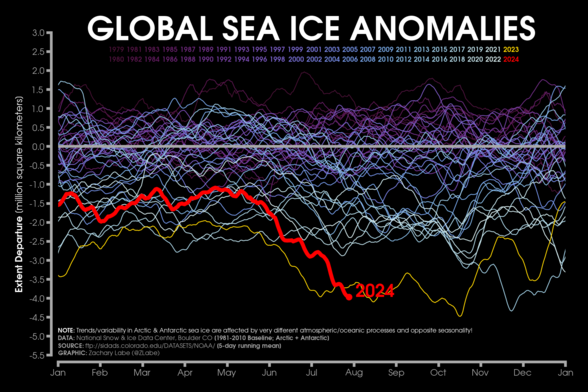 Line graph time series of 2024's daily global sea ice extent anomalies in red shading compared to each year from 1979 to 2022 using shades of purple to white for each line. The year 2023 is also highlighted in yellow, which is the current absolute magnitude record low. Anomalies are computed relative to a 1981-2010 baseline. There is substantial interannual and daily variability. Data from the NSIDC.