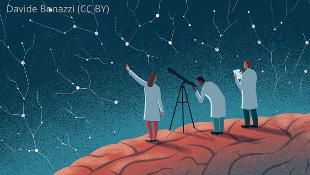 illustration of scientists standing on a brain looking through a telescope and neuron like constellations 