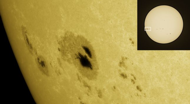 Pic of a large sunspot group on the surface of the Sun. An inset pic shows the location of the group on the solar disc, just emerging from the southeastern limb. 