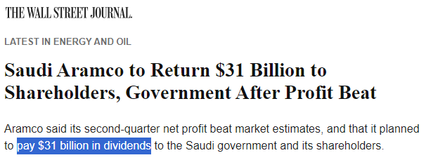 Latest in Energy and Oil
 
Saudi Aramco to Return $31 Billion to Shareholders, Government After Profit Beat
 
Aramco said its second-quarter net profit beat market estimates, and that it planned to pay $31 billion in dividends to the Saudi government and its shareholders.