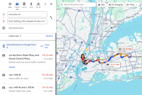 via I-495 W
Heavy traffic, as usual

via I-495 W and I-278 W
Heavier traffic than usual