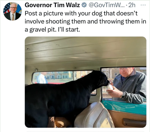 A tweet from Tim Walz after the Kristi Noem dog shooting disaster: 