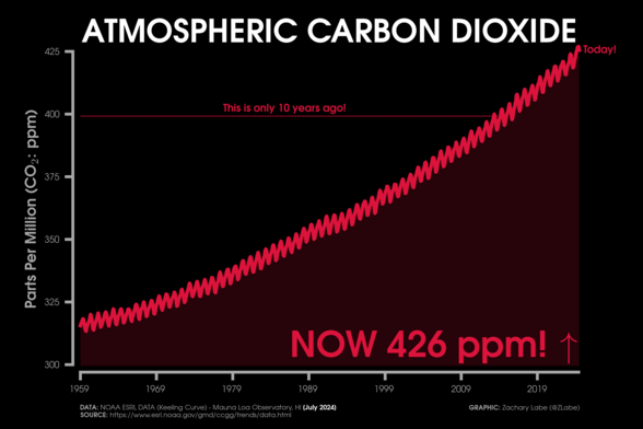 Red line graph time series of monthly carbon dioxide abundance from January 1959 through July 2024. There is a seasonal cycle and long-term increasing trend. Current levels of CO2 are at 426 ppm. This is the Keeling Curve graph. A line for CO2 10 years ago is also annotated.