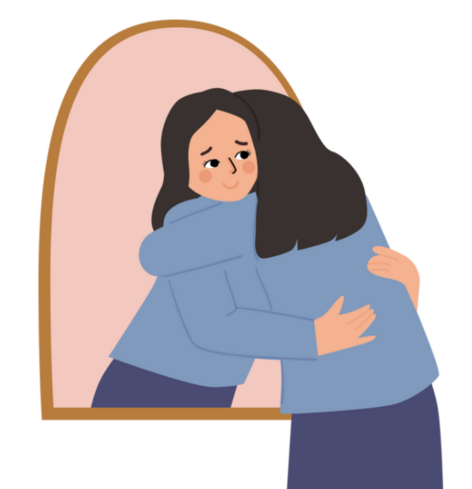 self love: girl hugging her image in the mirror