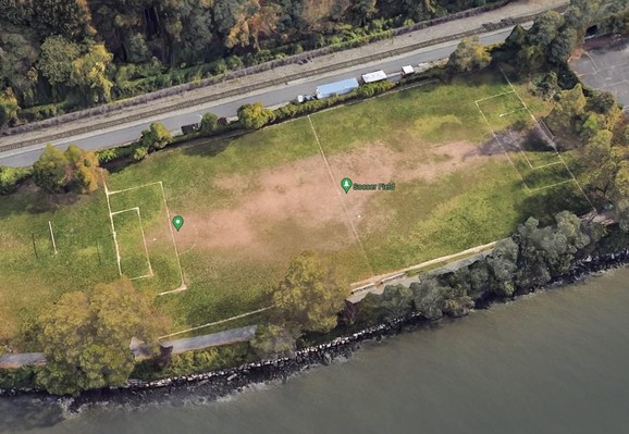 Good maps satellite shot of existing grass soccer field which is adjacent to the Hudson River (under 20’ from River edge). Central field is worn thin down to the soil.