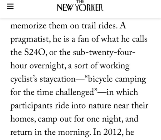 Excerpt from New Yorker article describing the sub-24-hr overnight, aka bike camping for the time challenged