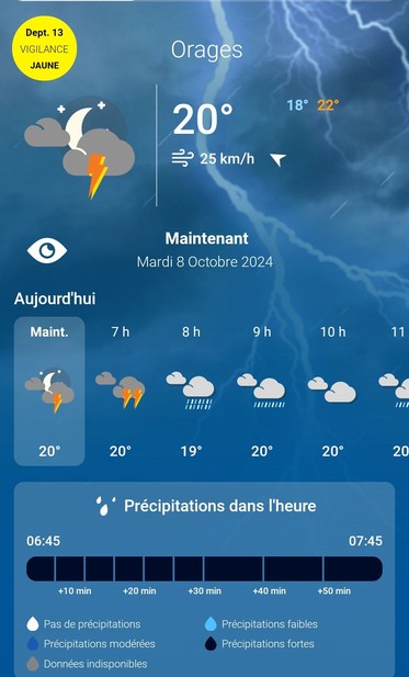 Hourly weather prediction showing massive thunderstorms with rain showers for most of the day